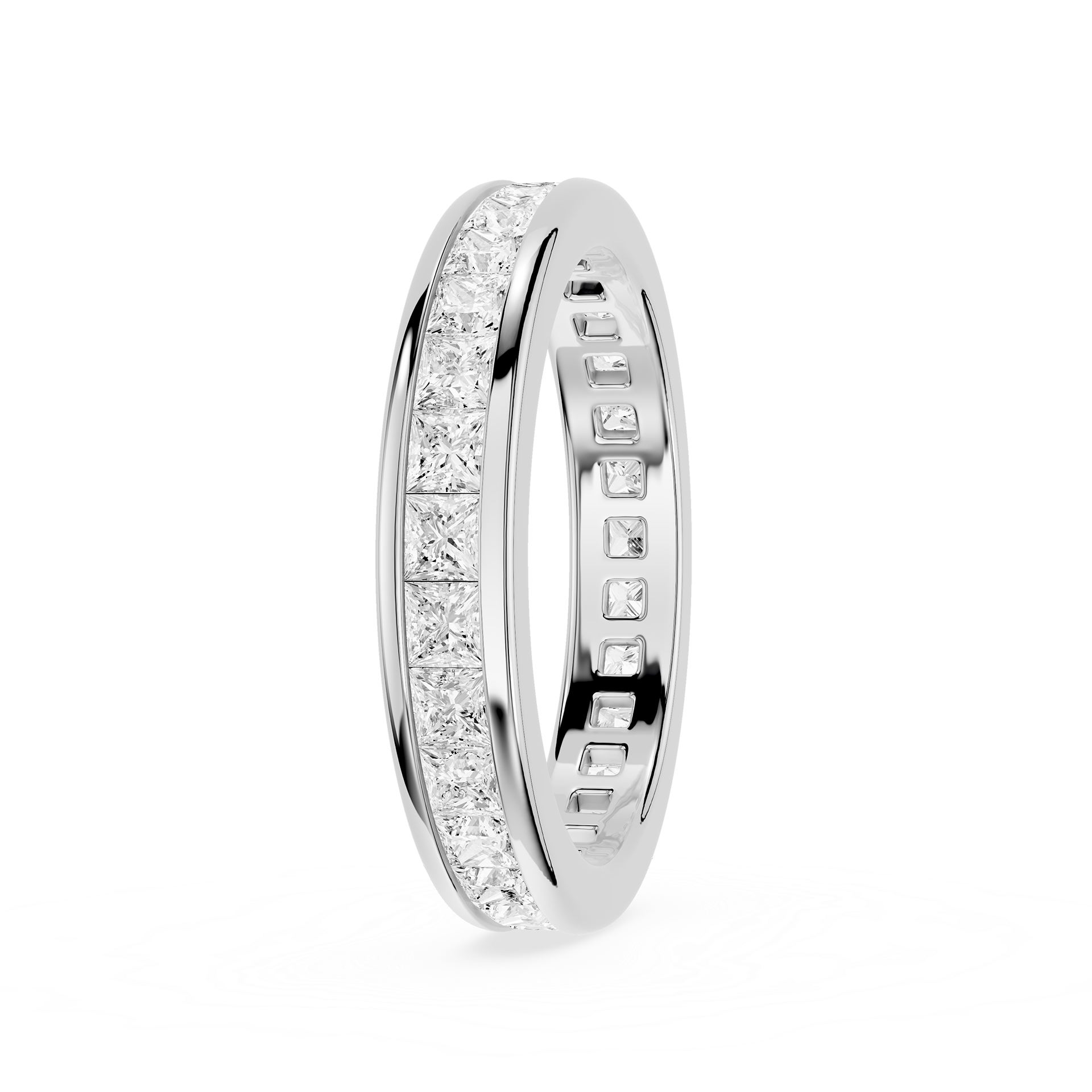 Silver ring with embedded diamonds on a white background