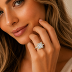 Close-up of a woman's hand with a diamond ring on her finger, against a neutral background.