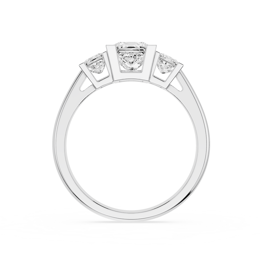 Silver ring with a central diamond and smaller stones on a white background