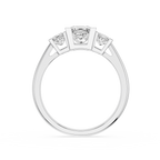 Silver ring with a central diamond and smaller stones on a white background