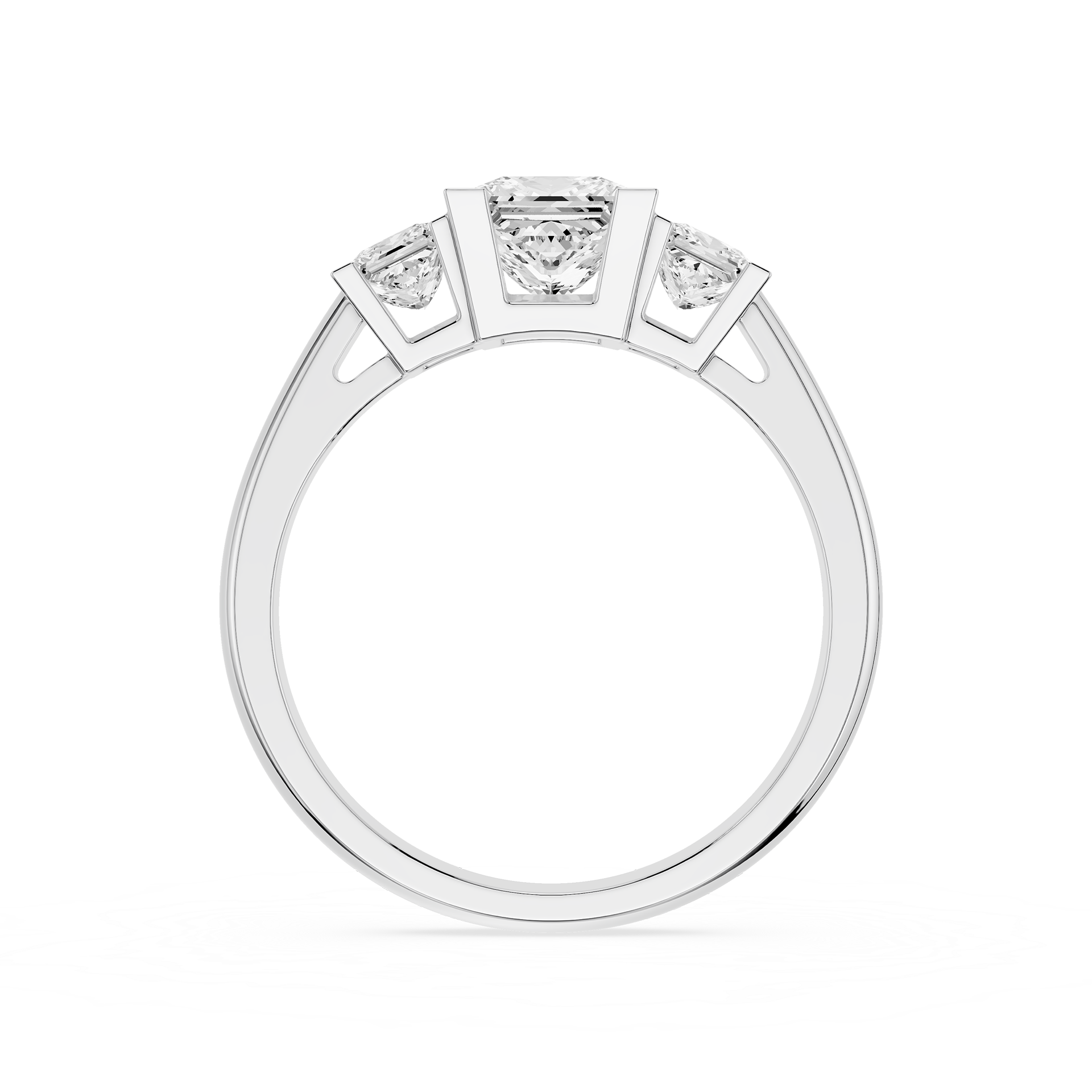 Silver ring with a central diamond and smaller stones on a white background