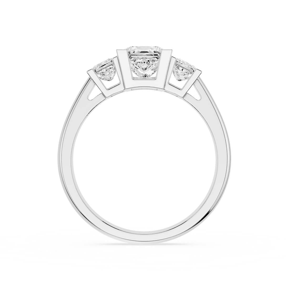 Back View Of White Gold Princess Cut Lab Grown Diamond Trilogy Engagement Ring
