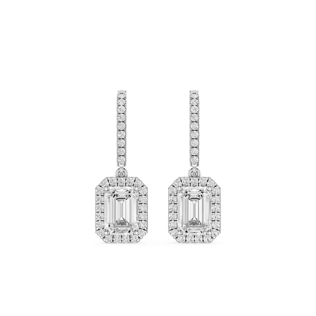 Emerald Halo Diamond Drop Earrings with Lab Grown Diamonds