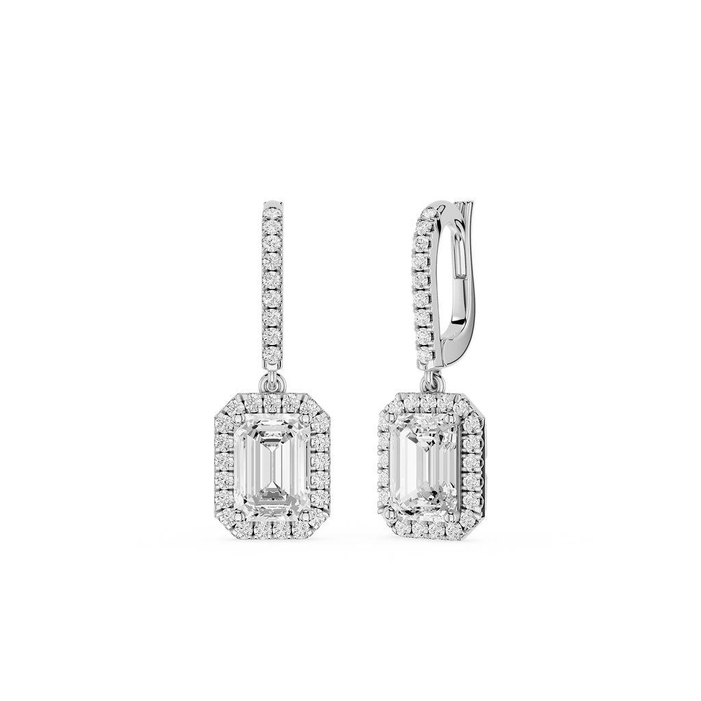 Emerald Halo Diamond Drop Earrings with Lab Grown Diamonds