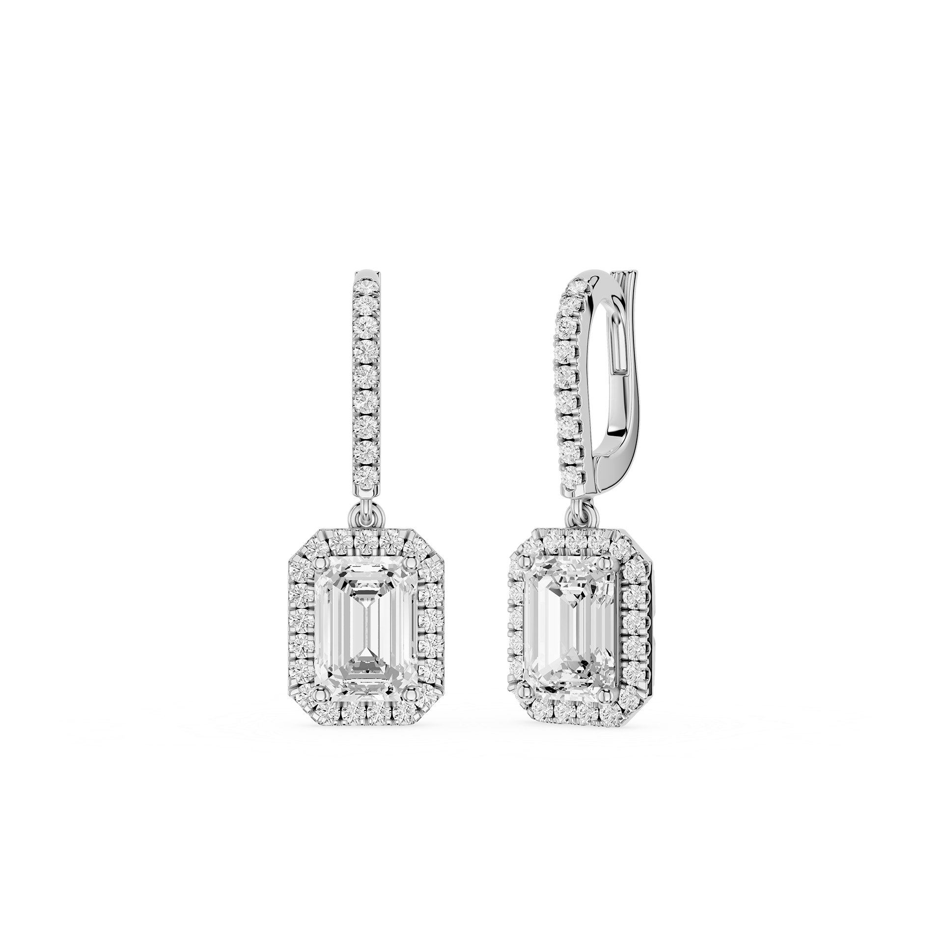 Emerald Halo Diamond Drop Earrings with Lab Grown Diamonds