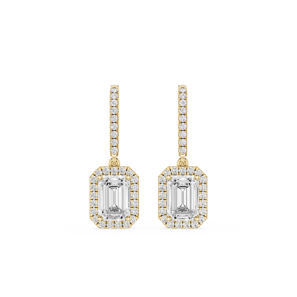 Emerald Halo Diamond Drop Earrings with Lab Grown Diamonds