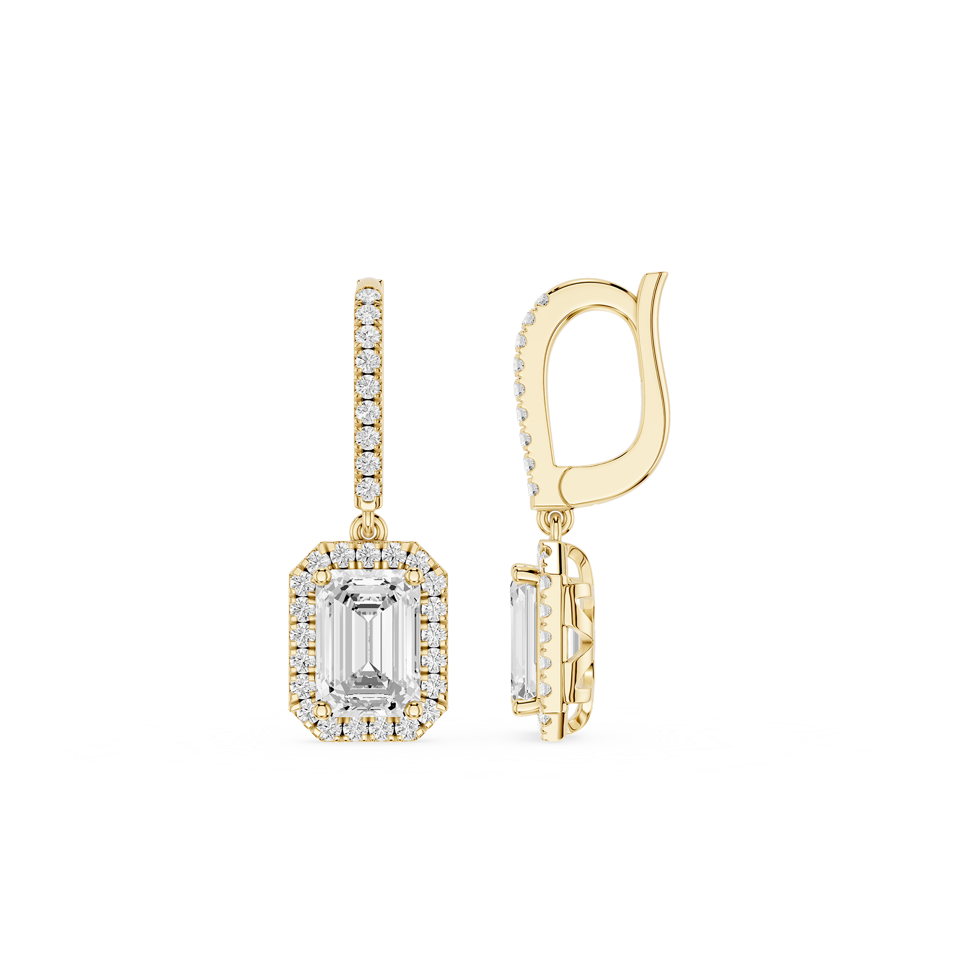 Emerald Halo Diamond Drop Earrings with Lab Grown Diamonds