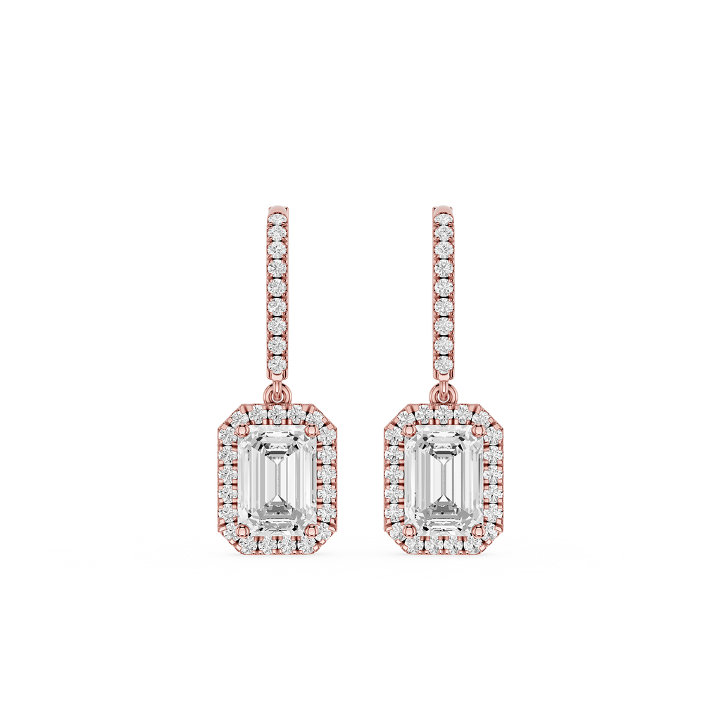 Emerald Halo Diamond Drop Earrings with Lab Grown Diamonds