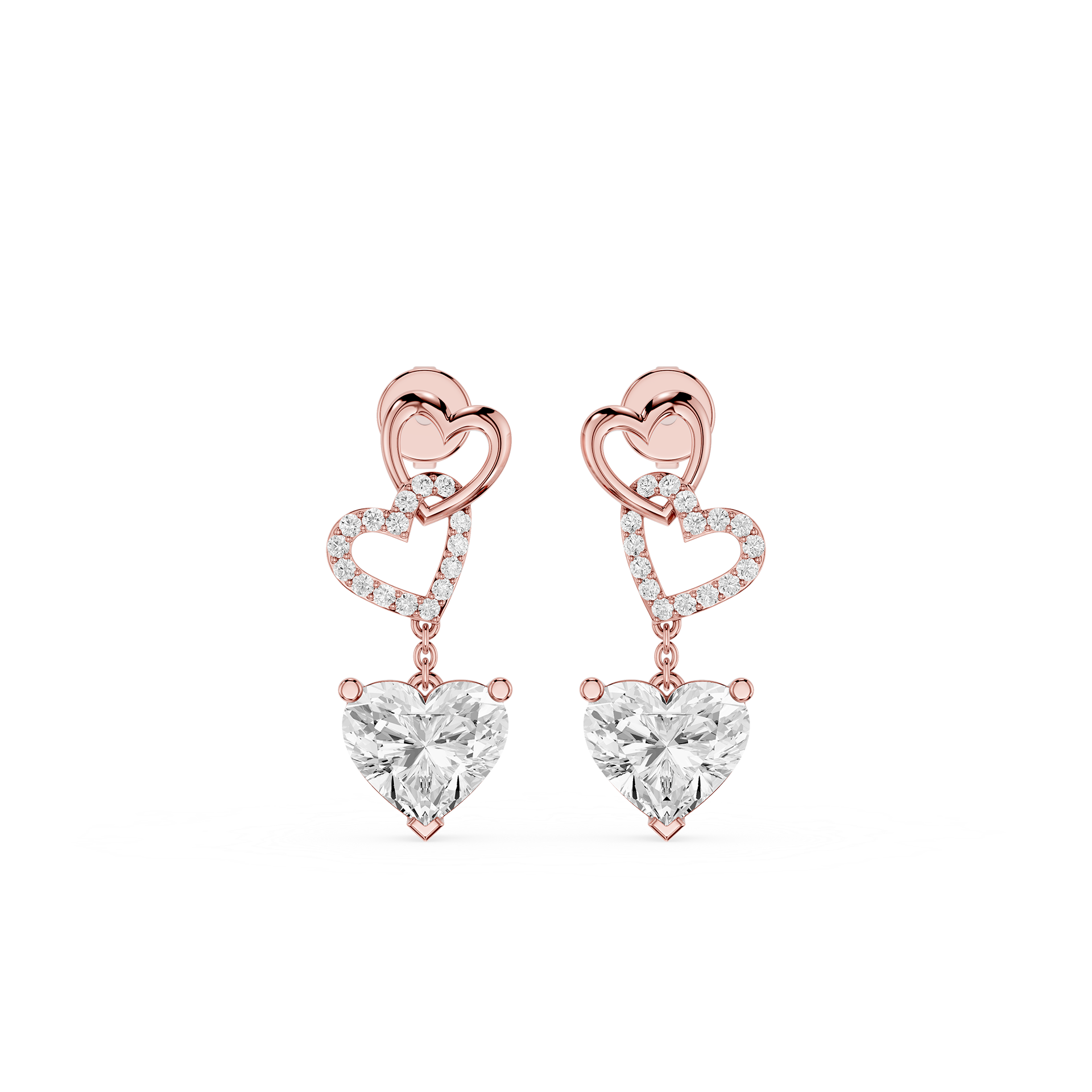 Interlocked Heart Diamond Drop Earrings with Heart Cut Lab Diamonds