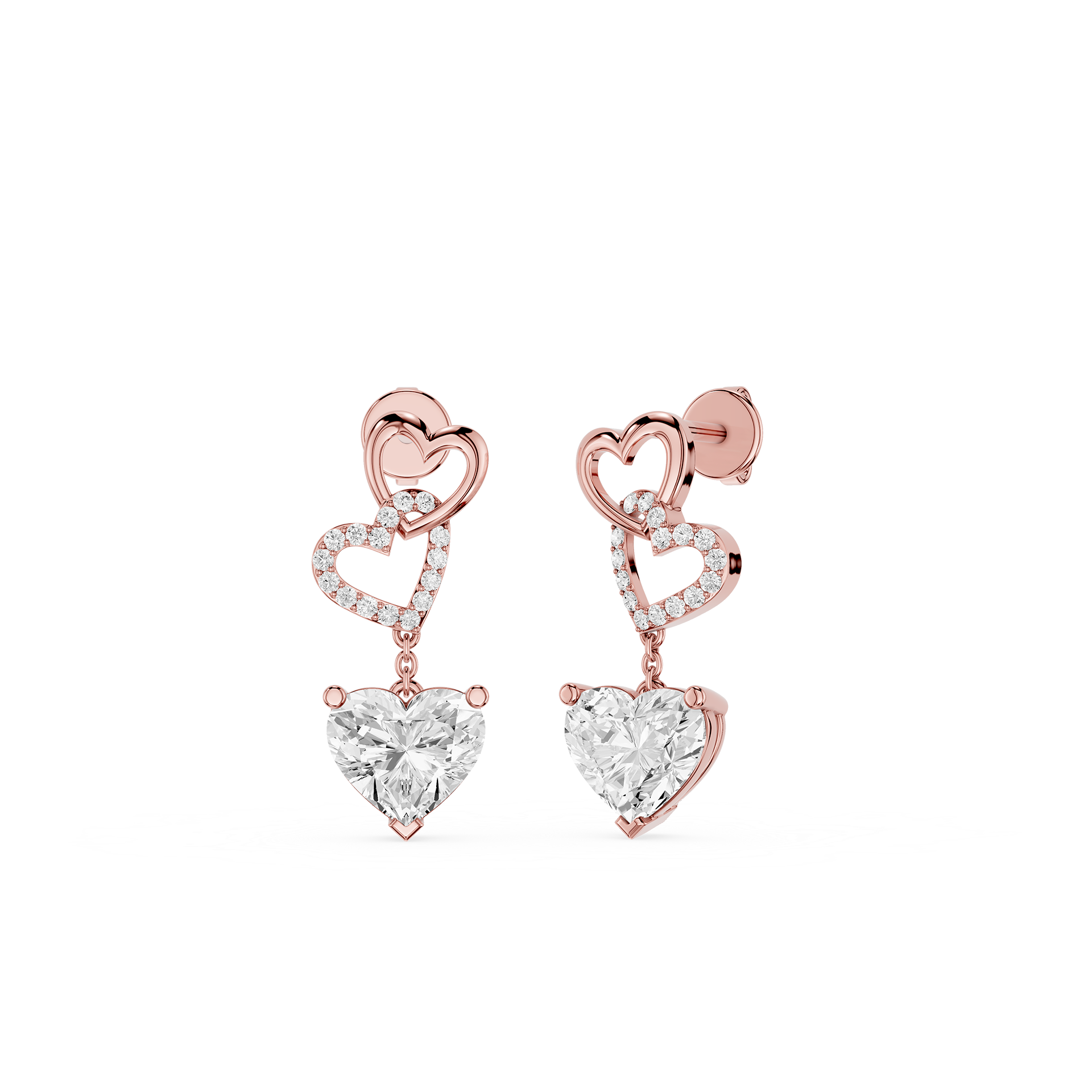 Interlocked Heart Diamond Drop Earrings with Heart Cut Lab Diamonds