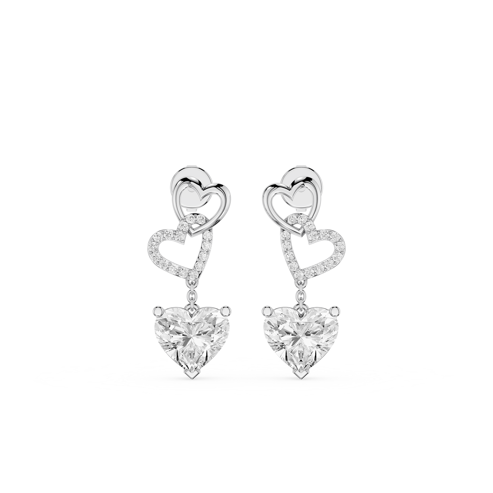 Interlocked Heart Diamond Drop Earrings with Heart Cut Lab Diamonds
