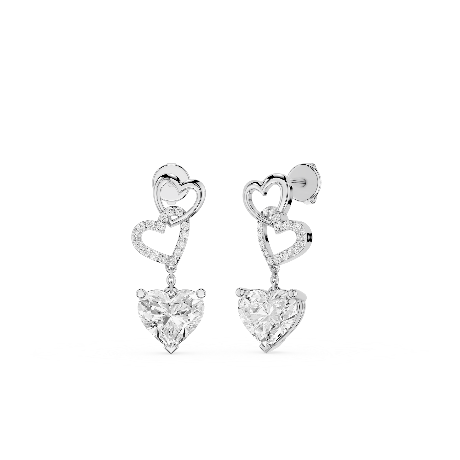 Interlocked Heart Diamond Drop Earrings with Heart Cut Lab Diamonds