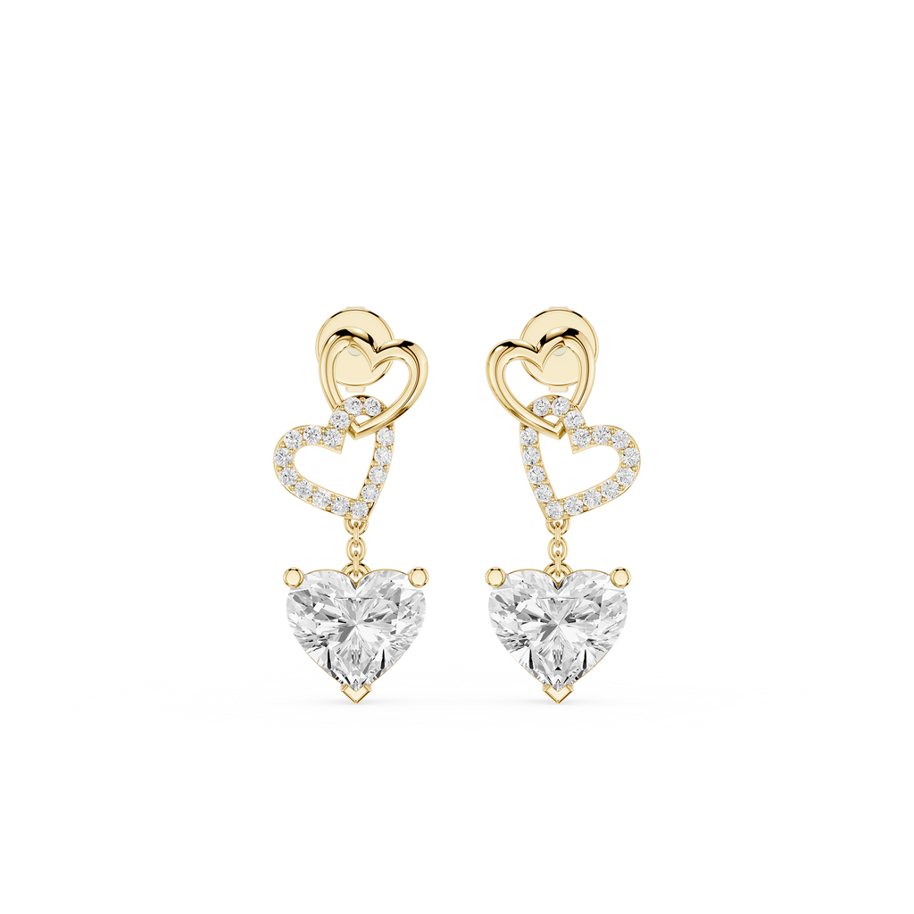 Interlocked Heart Diamond Drop Earrings with Heart Cut Lab Diamonds