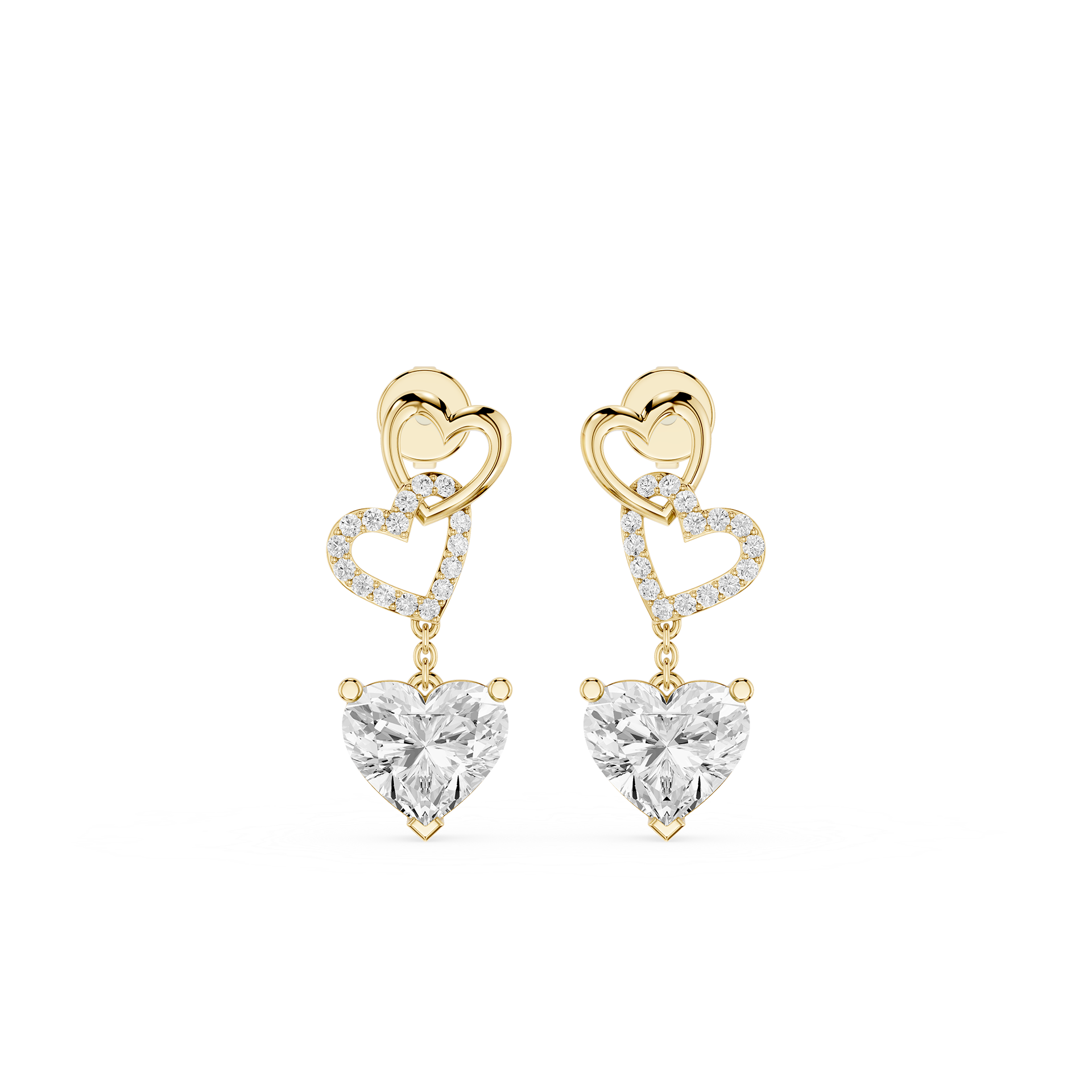 Interlocked Heart Diamond Drop Earrings with Heart Cut Lab Diamonds