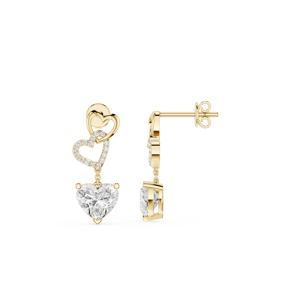 Interlocked Heart Diamond Drop Earrings with Heart Cut Lab Diamonds