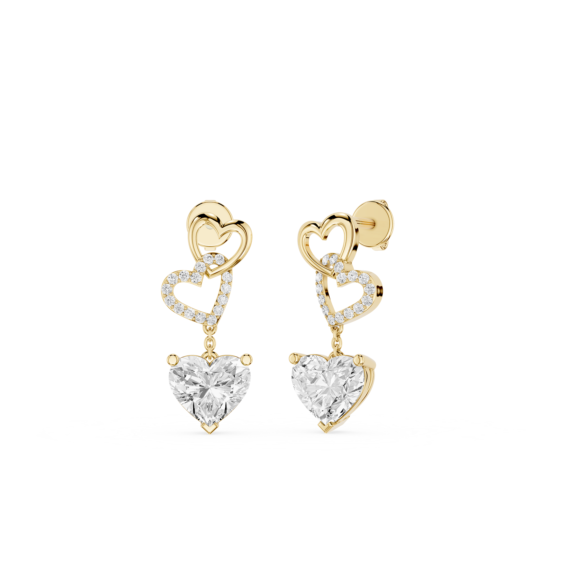 Interlocked Heart Diamond Drop Earrings with Heart Cut Lab Diamonds