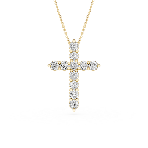 Gold cross pendant necklace with diamonds on a white background