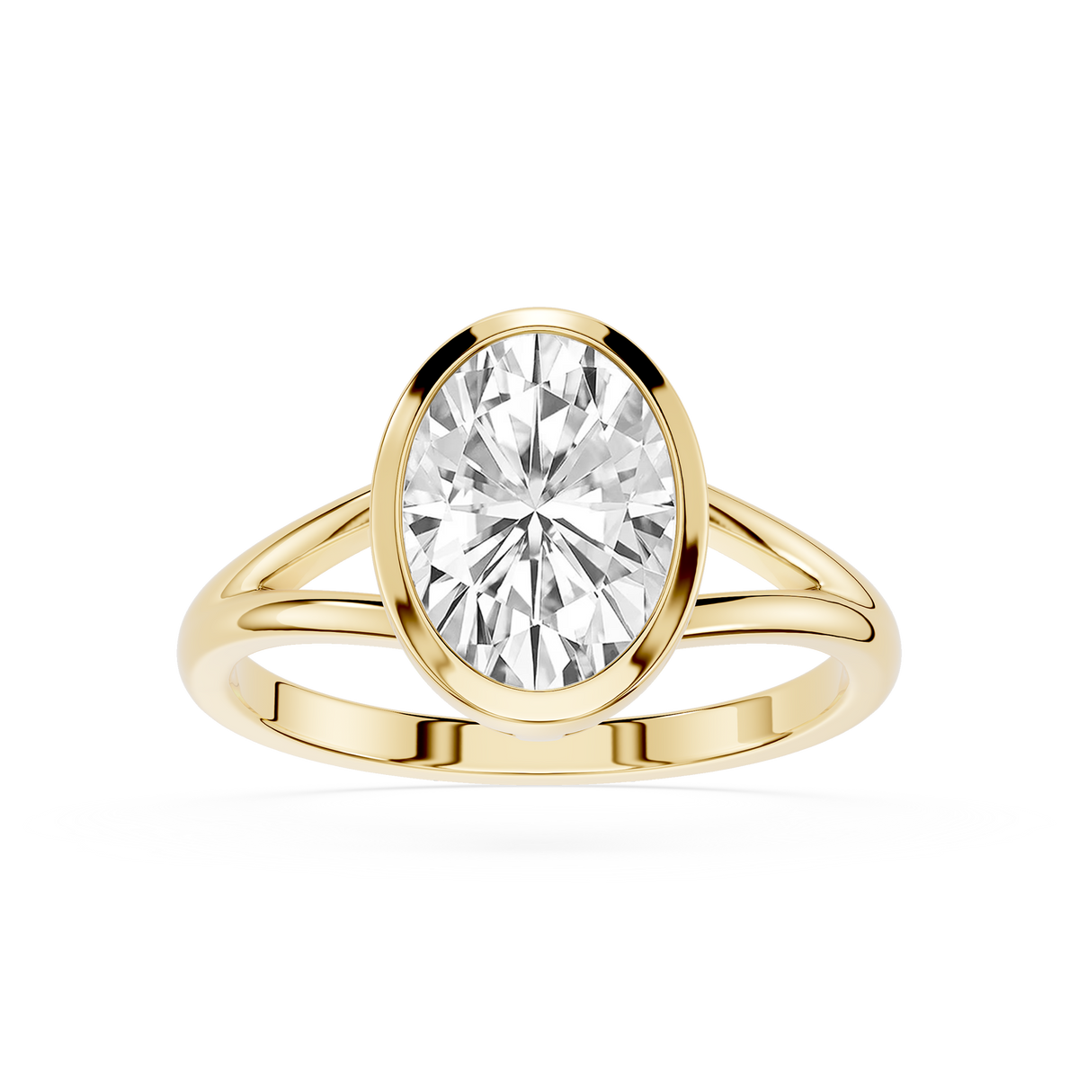 Oval bezel set lab-grown diamond 14KT gold engagement ring for her.