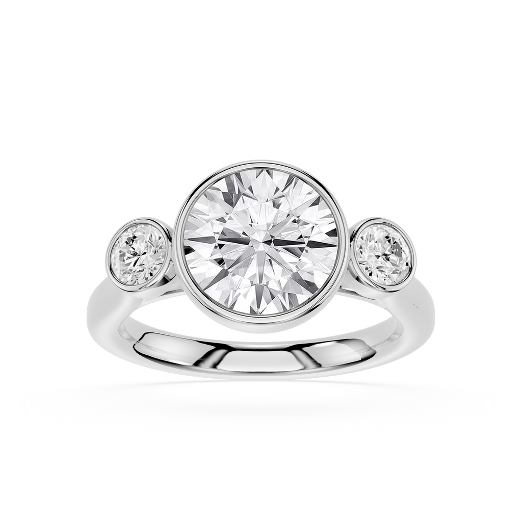 Round Bezel Three Stone Lab Grown Diamond Engagement Ring