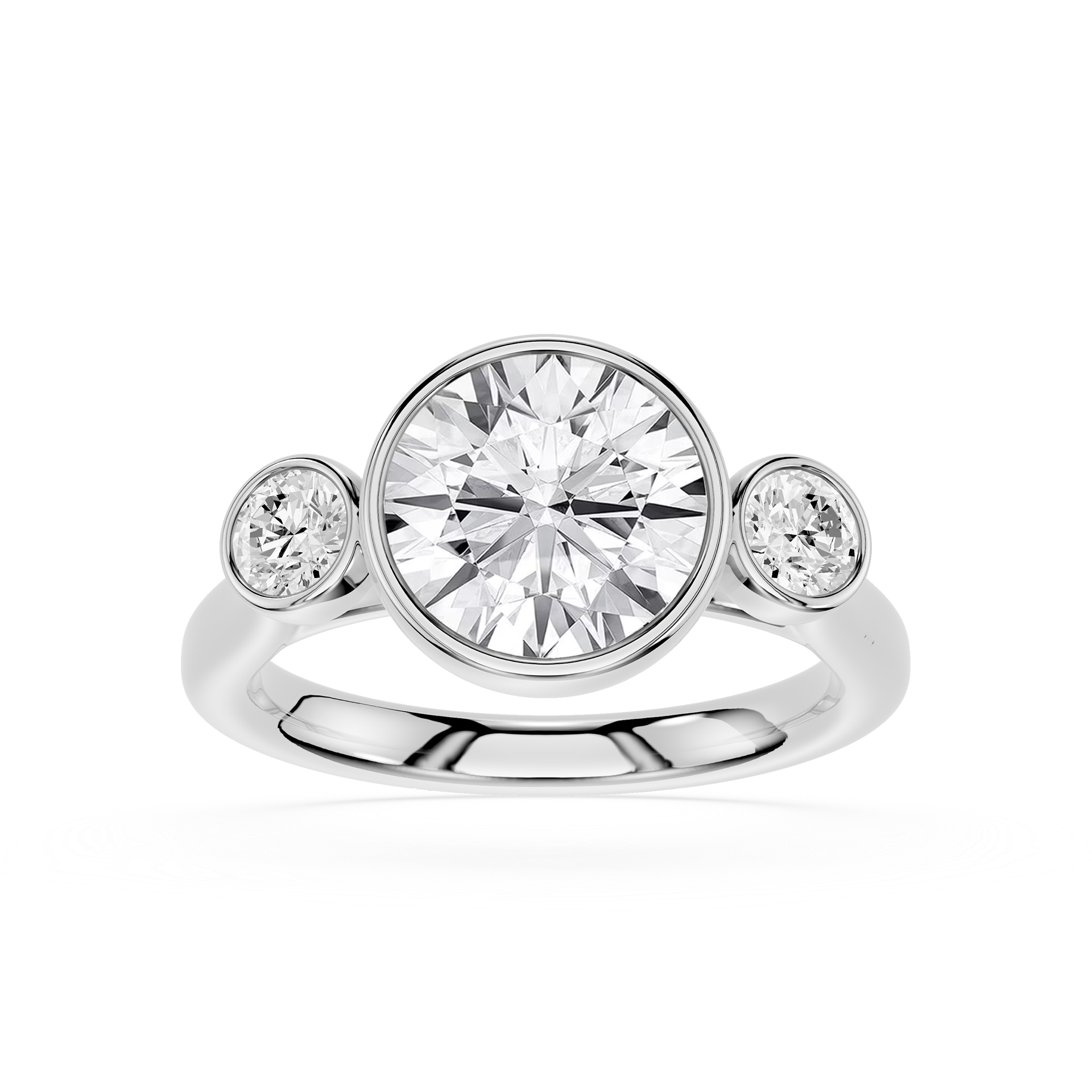 Round Bezel Three Stone Lab Grown Diamond Engagement Ring