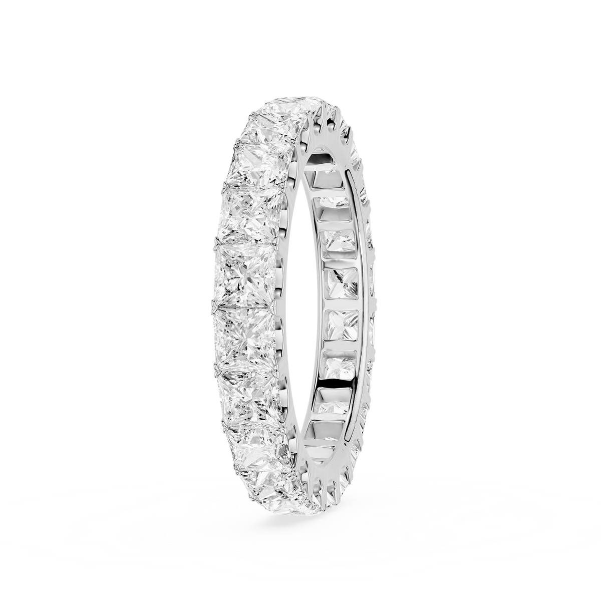 Princess-cut lab-grown diamond eternity wedding band for a woman in a shared prong settings.