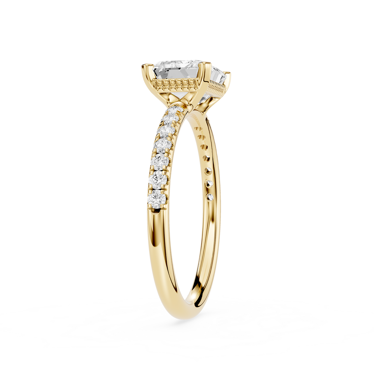 14KT yellow gold 2-carat emerald-cut lab-grown diamond engagement ring for a woman with a four-prong setting.