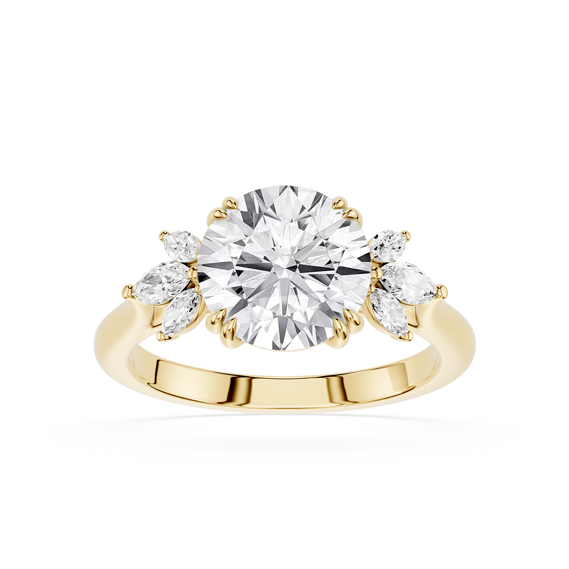 Round-cut lab-grown diamond floral engagement ring in gold.