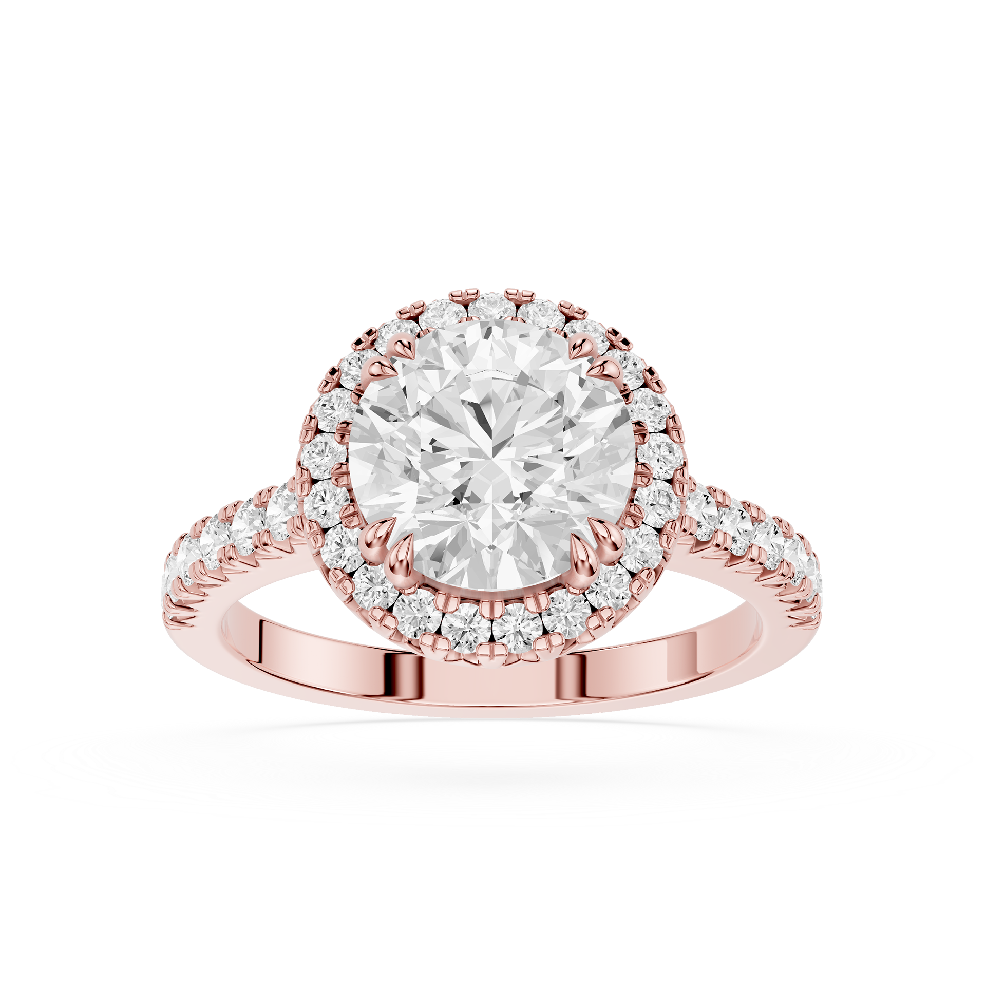 Round cut lab-grown diamond halo engagement ring in rose gold.
