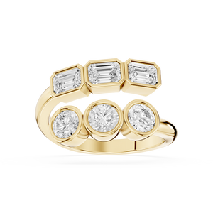 Emerald and Round Lab Grown Six Diamond Bezel Set Wrap Ring