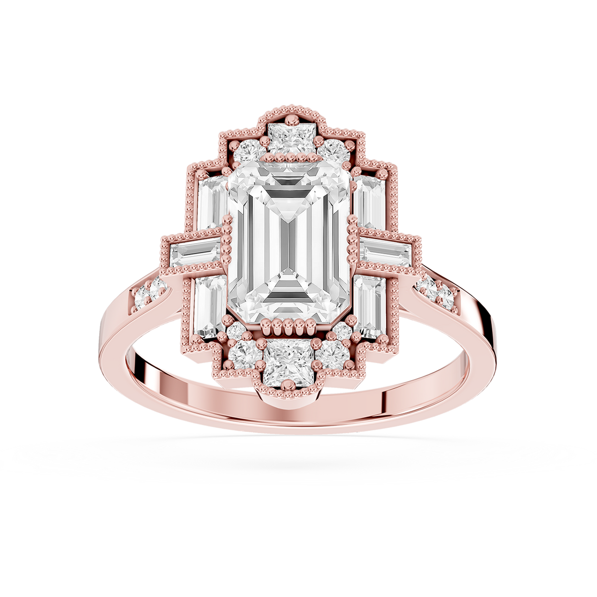 Art Deco Lab Grown Emerald Cut Diamond Milgrain Halo Ring