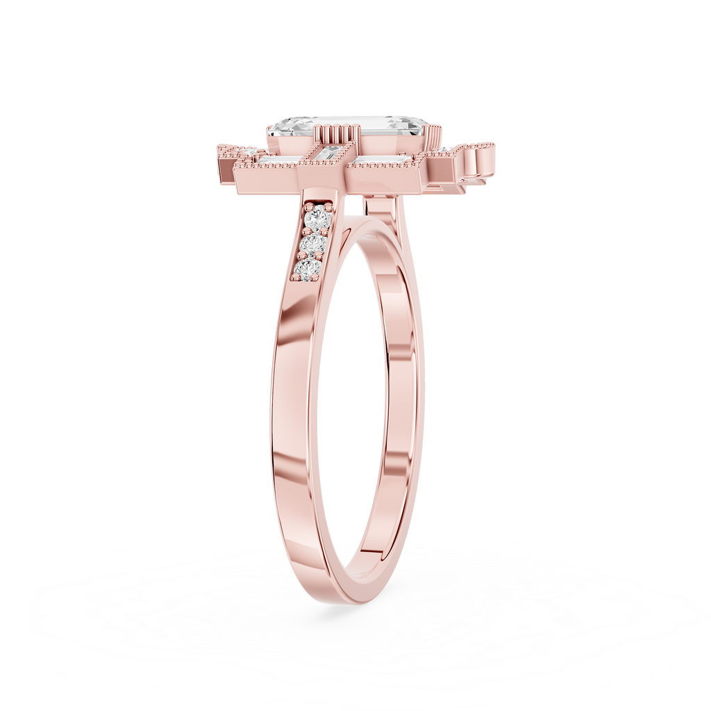 Art Deco Lab Grown Emerald Cut Diamond Milgrain Halo Ring