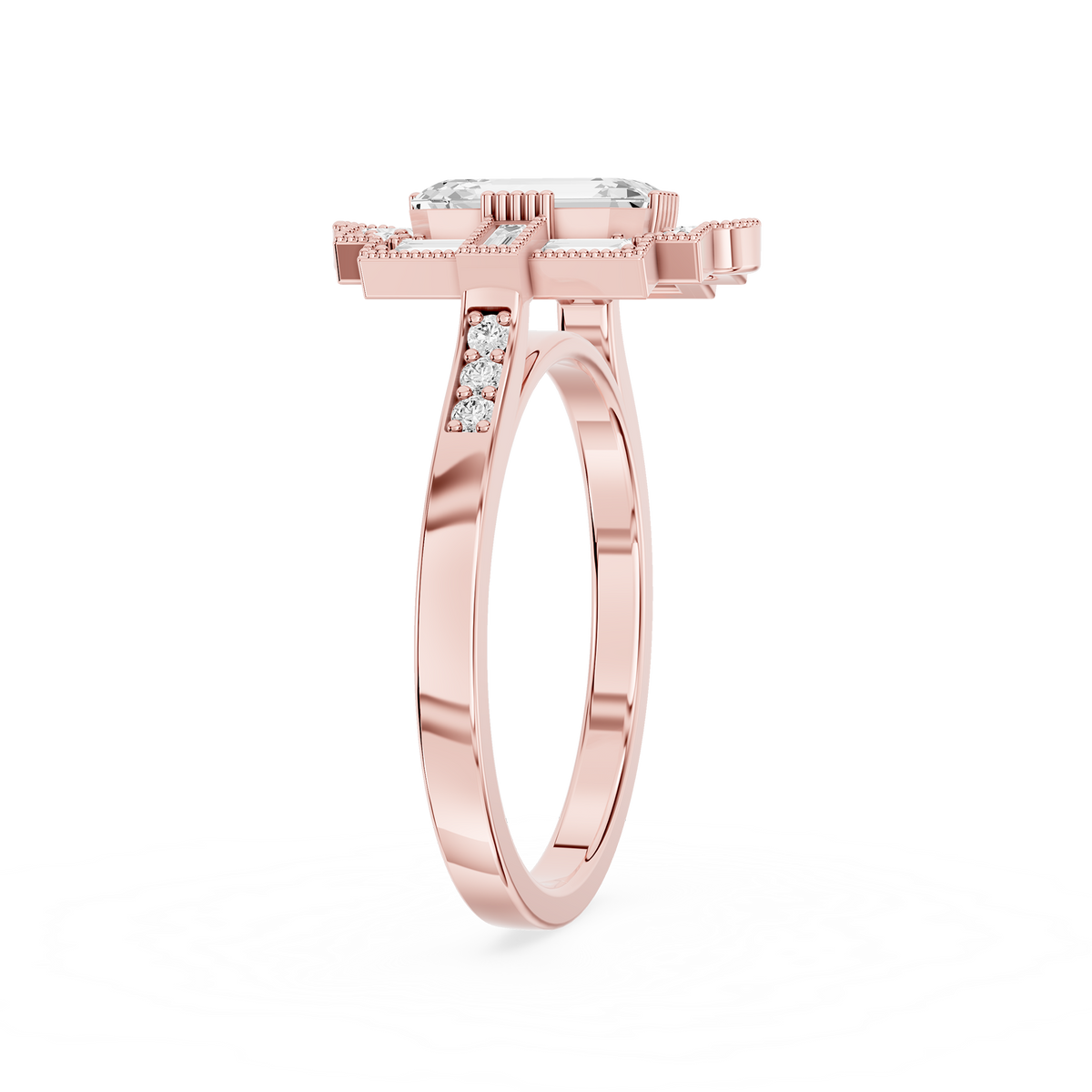 Art Deco Lab Grown Emerald Cut Diamond Milgrain Halo Ring
