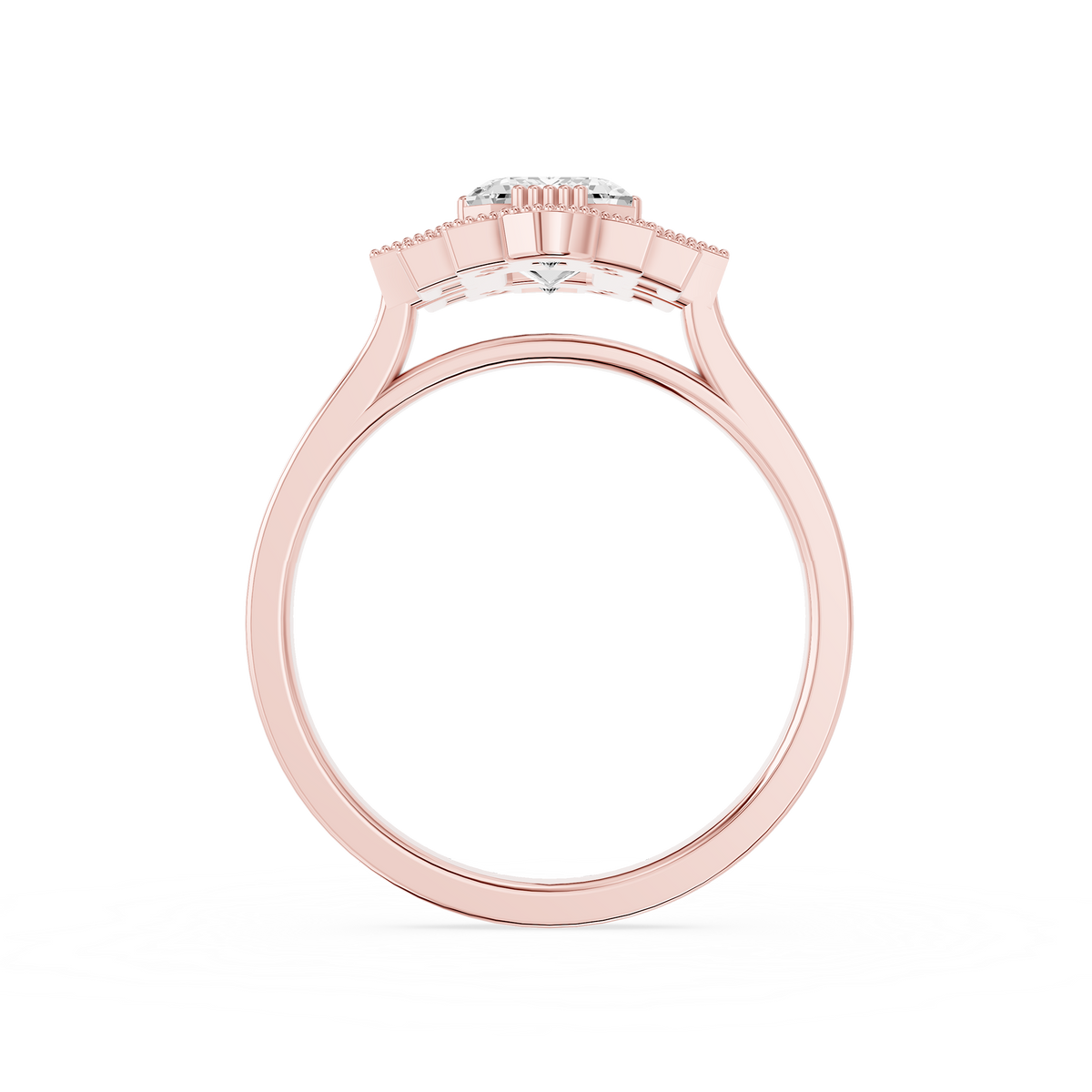 Art Deco Lab Grown Emerald Cut Diamond Milgrain Halo Ring