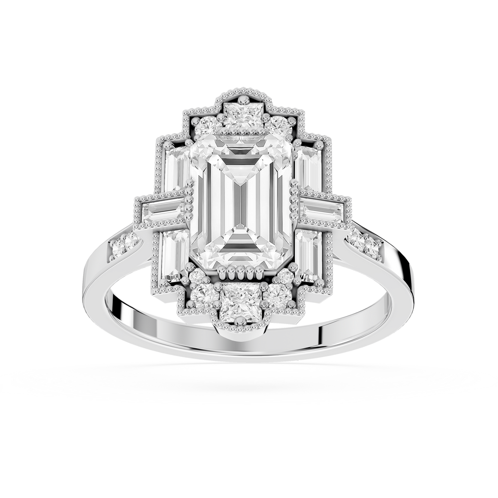 Art Deco Lab Grown Emerald Cut Diamond Milgrain Halo Ring