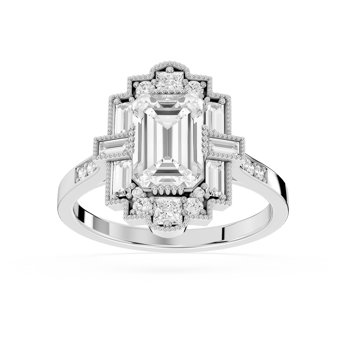 Art Deco Lab Grown Emerald Cut Diamond Milgrain Halo Ring