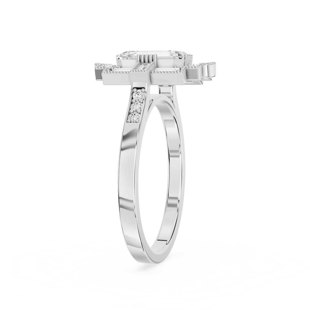 Art Deco Lab Grown Emerald Cut Diamond Milgrain Halo Ring