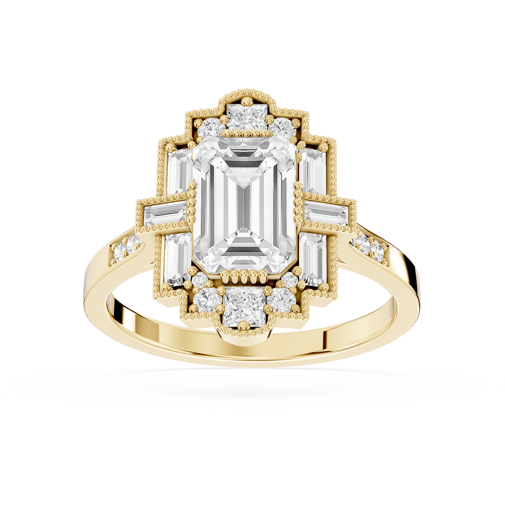 Art Deco Lab Grown Emerald Cut Diamond Milgrain Halo Ring