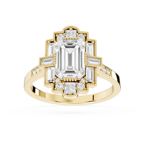 Art Deco Lab Grown Emerald Cut Diamond Milgrain Halo Ring