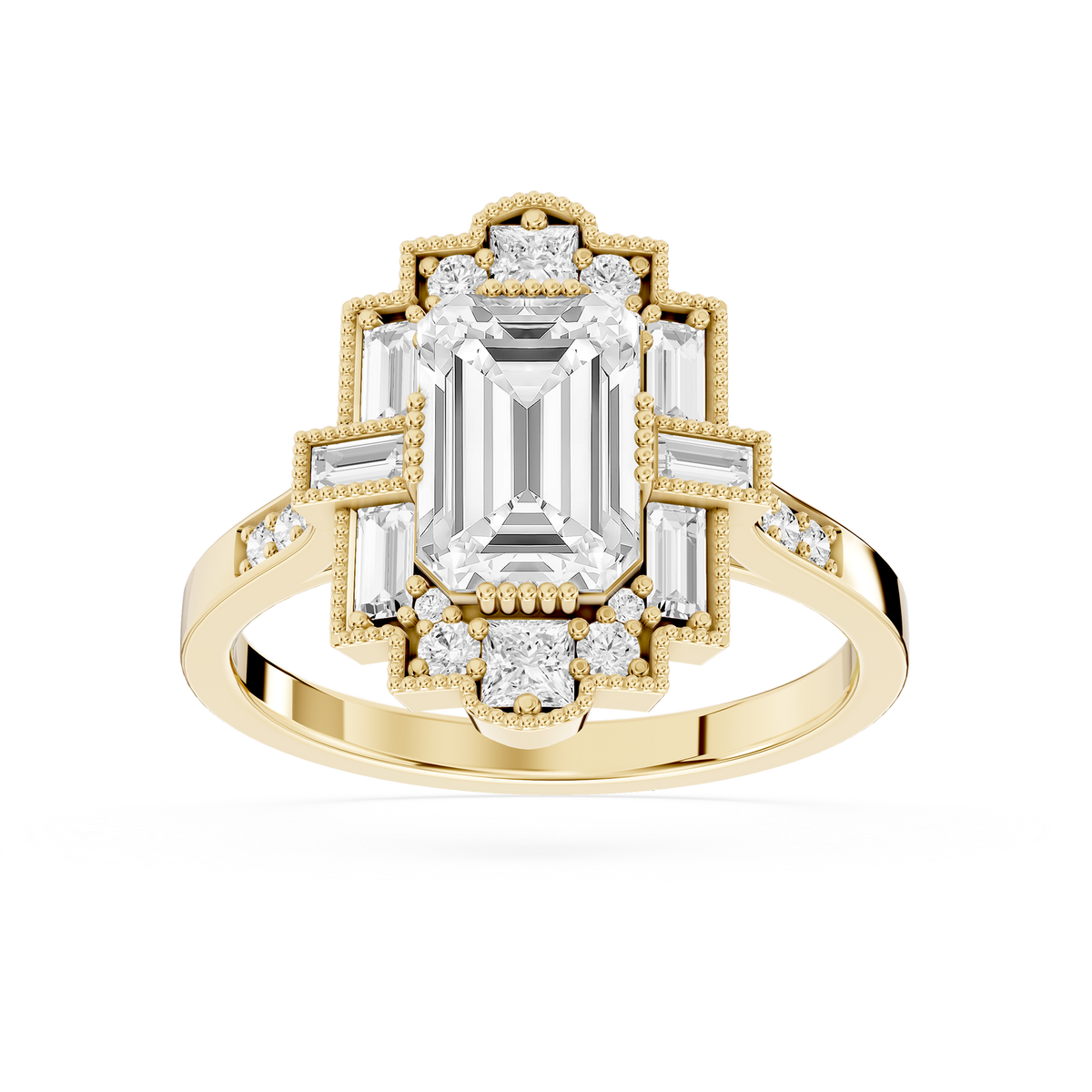 Art Deco Lab Grown Emerald Cut Diamond Milgrain Halo Ring