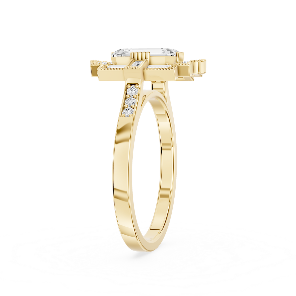 Art Deco Lab Grown Emerald Cut Diamond Milgrain Halo Ring