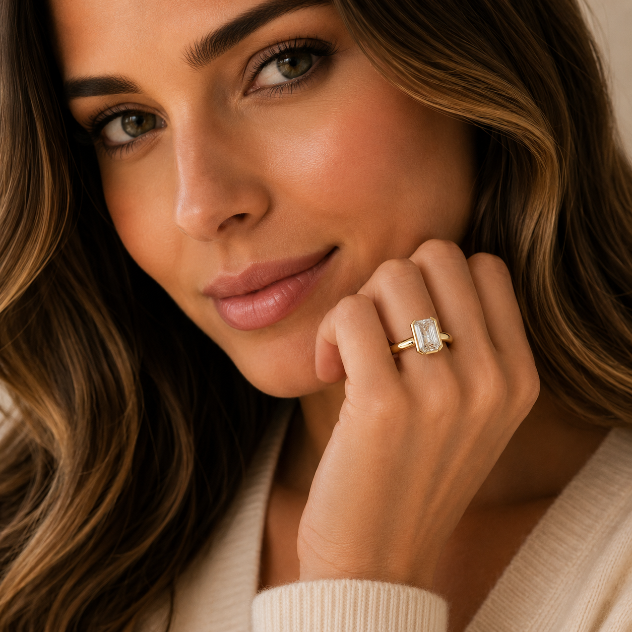 Woman wearing a diamond ring with a neutral background