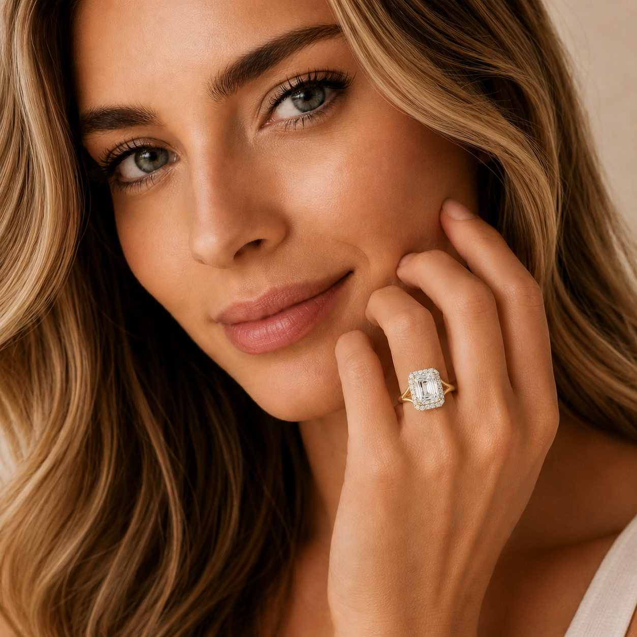 Woman wearing a diamond ring with a neutral background