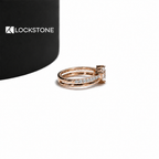 Lockstone Jewels rose gold double heart diamond bridal set featuring an asymmetric two stone design and matching pavé band