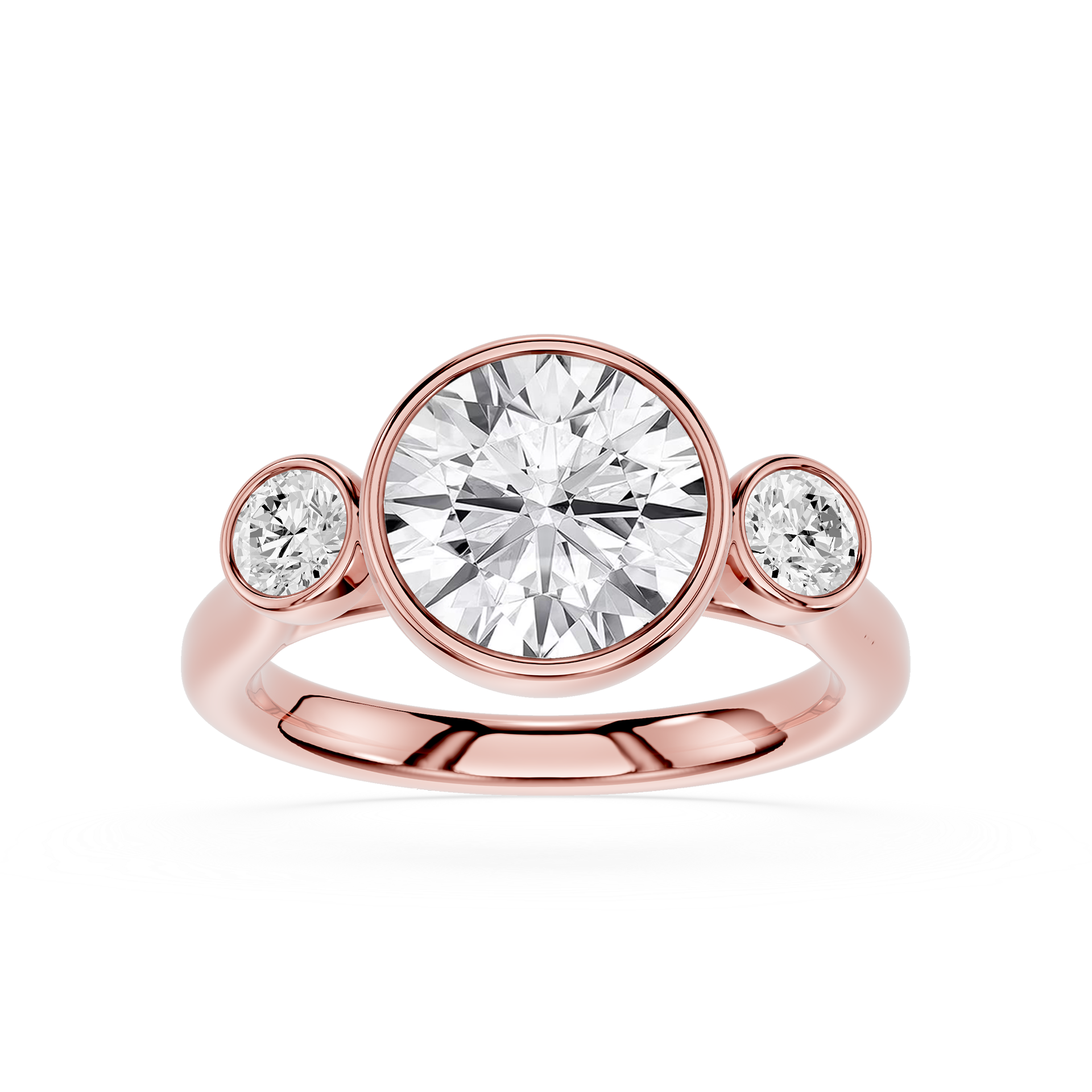 Rose gold ring with a large central diamond and two smaller diamonds on either side against a white background.