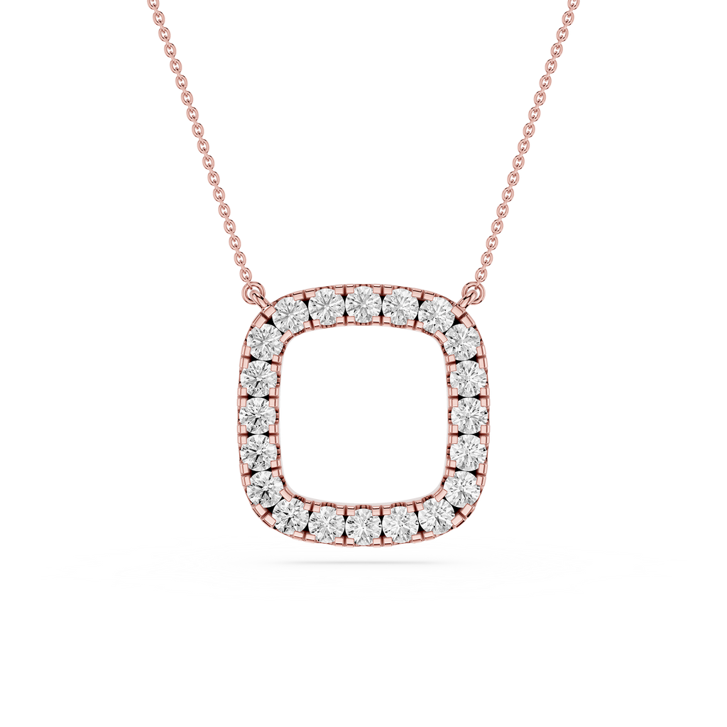 Rose gold necklace with a square diamond pendant on a white background