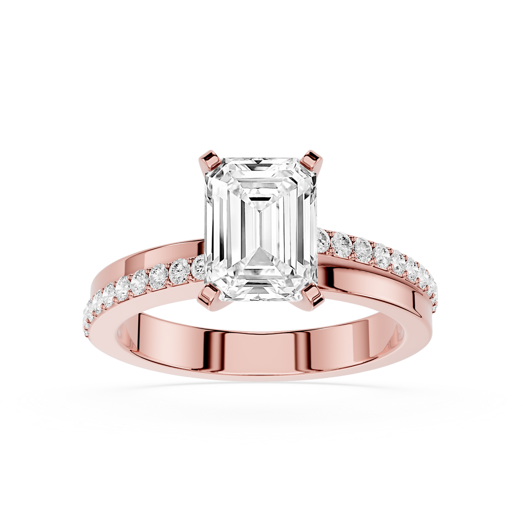 Rose gold ring with emerald-cut diamond and smaller diamonds on a white background
