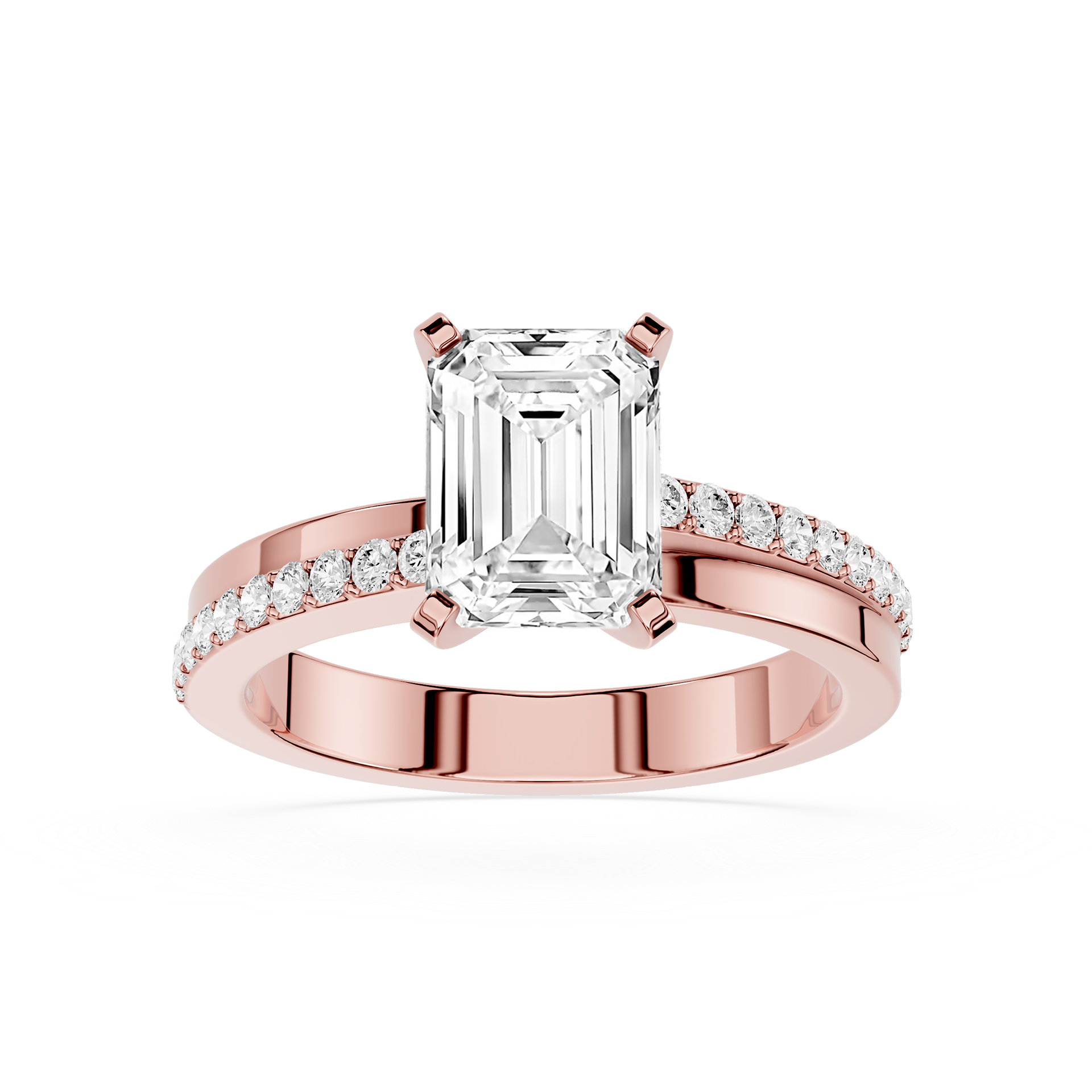Rose gold ring with emerald-cut diamond and smaller diamonds on a white background