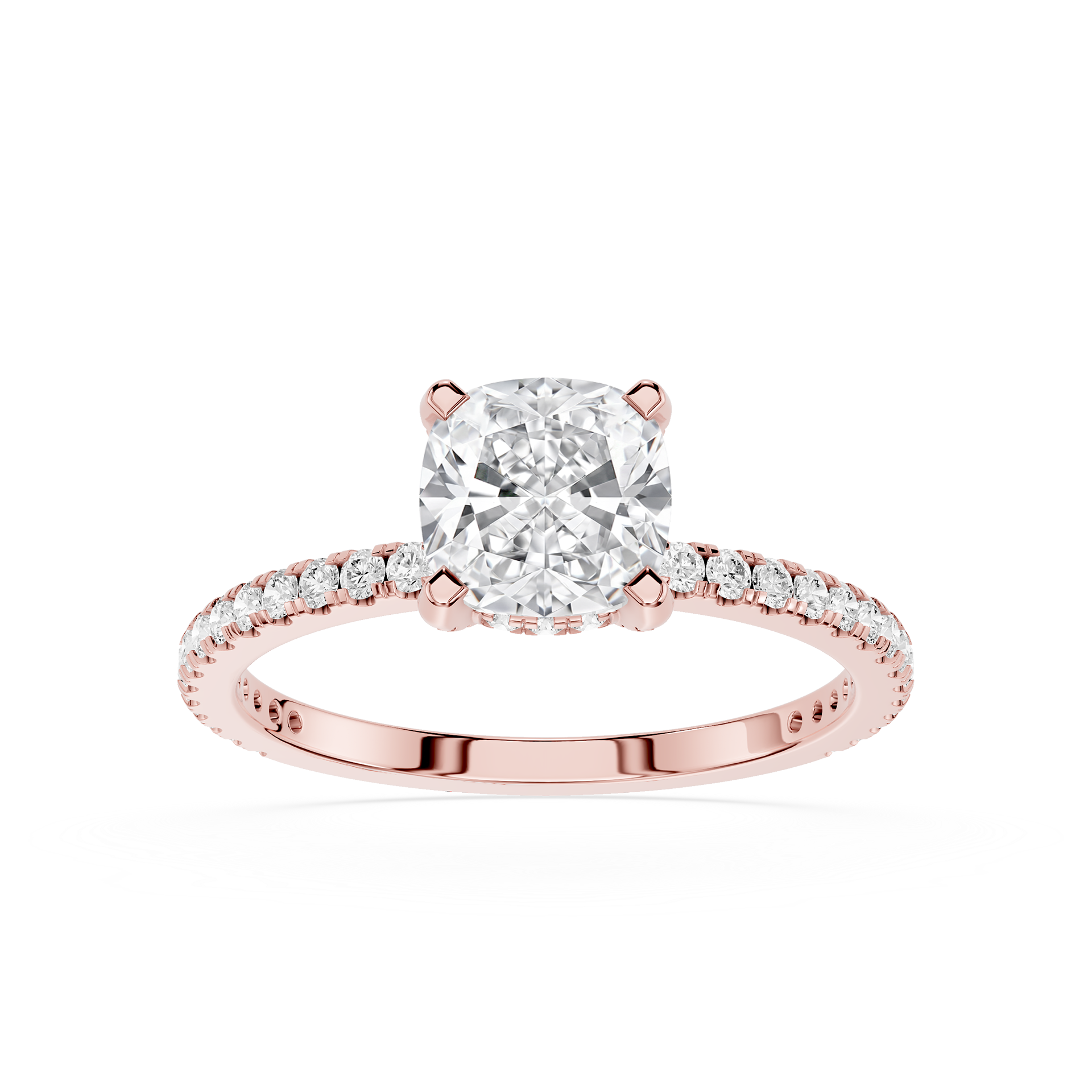 Rose gold ring with a large diamond and smaller diamonds on the band against a white background