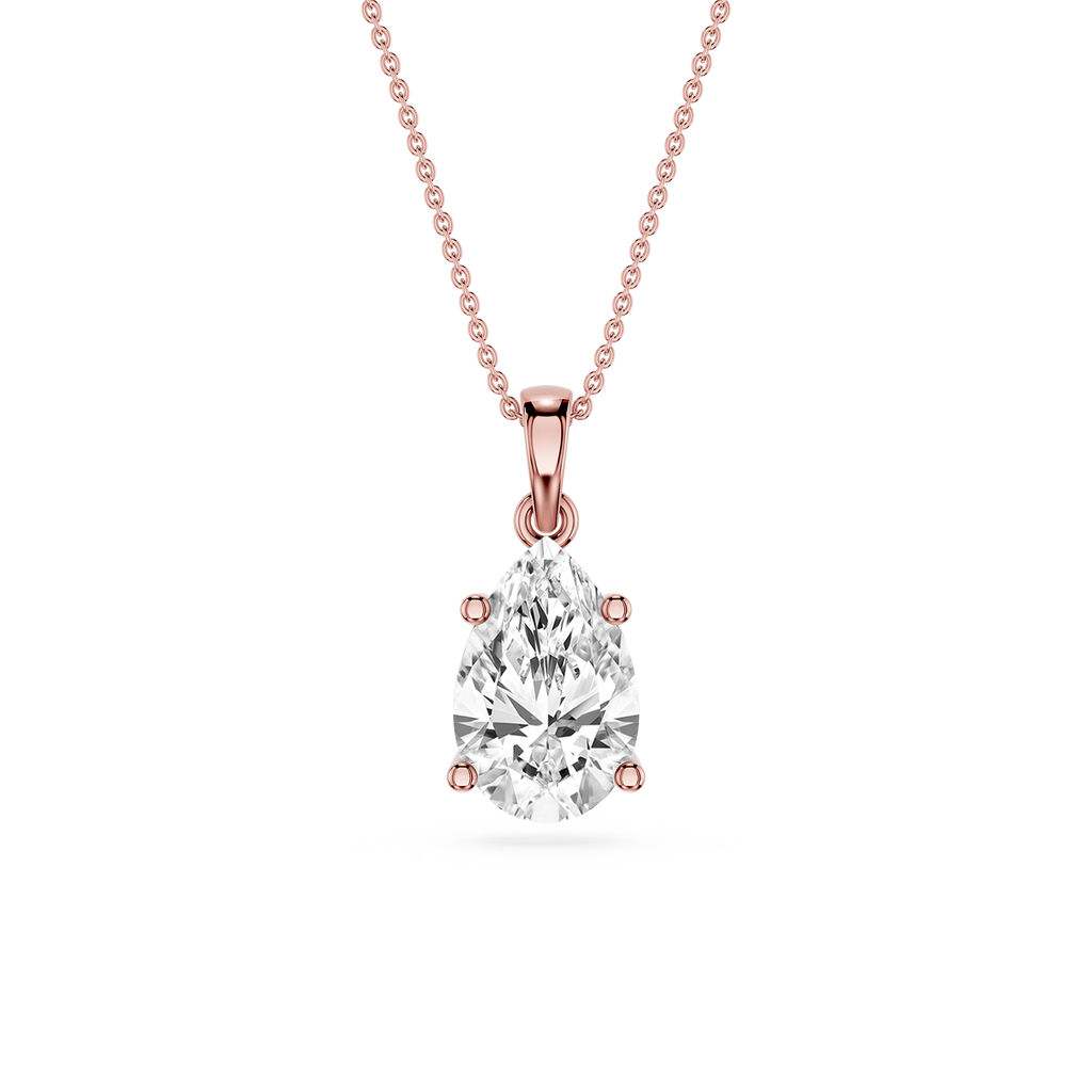 Rose gold necklace with a pear-shaped diamond pendant on a white background
