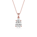 Rose gold necklace with a pear-shaped diamond pendant on a white background